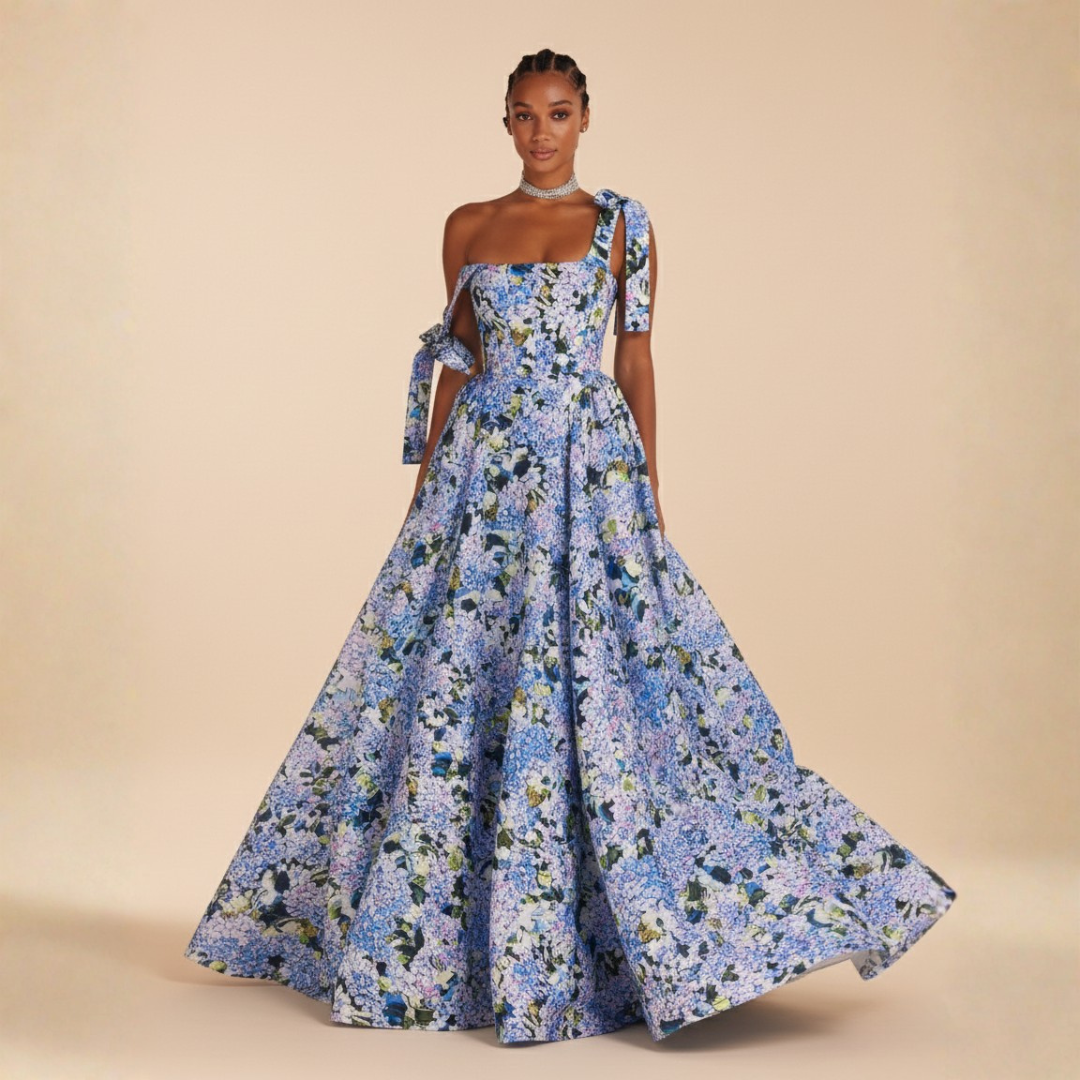 Maxi šaty Clara s modrými hortenziovými ramínky