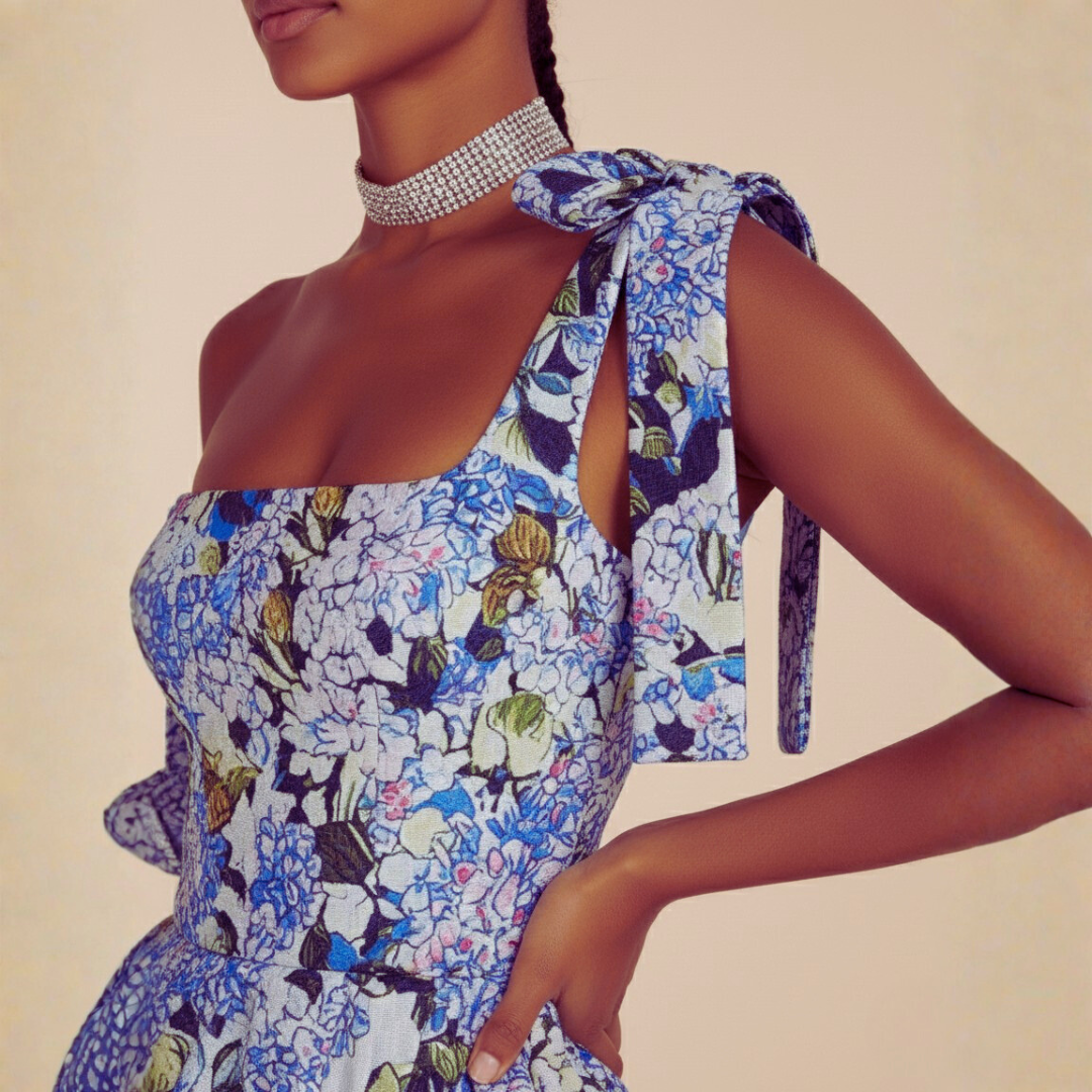 Maxi šaty Clara s modrými hortenziovými ramínky