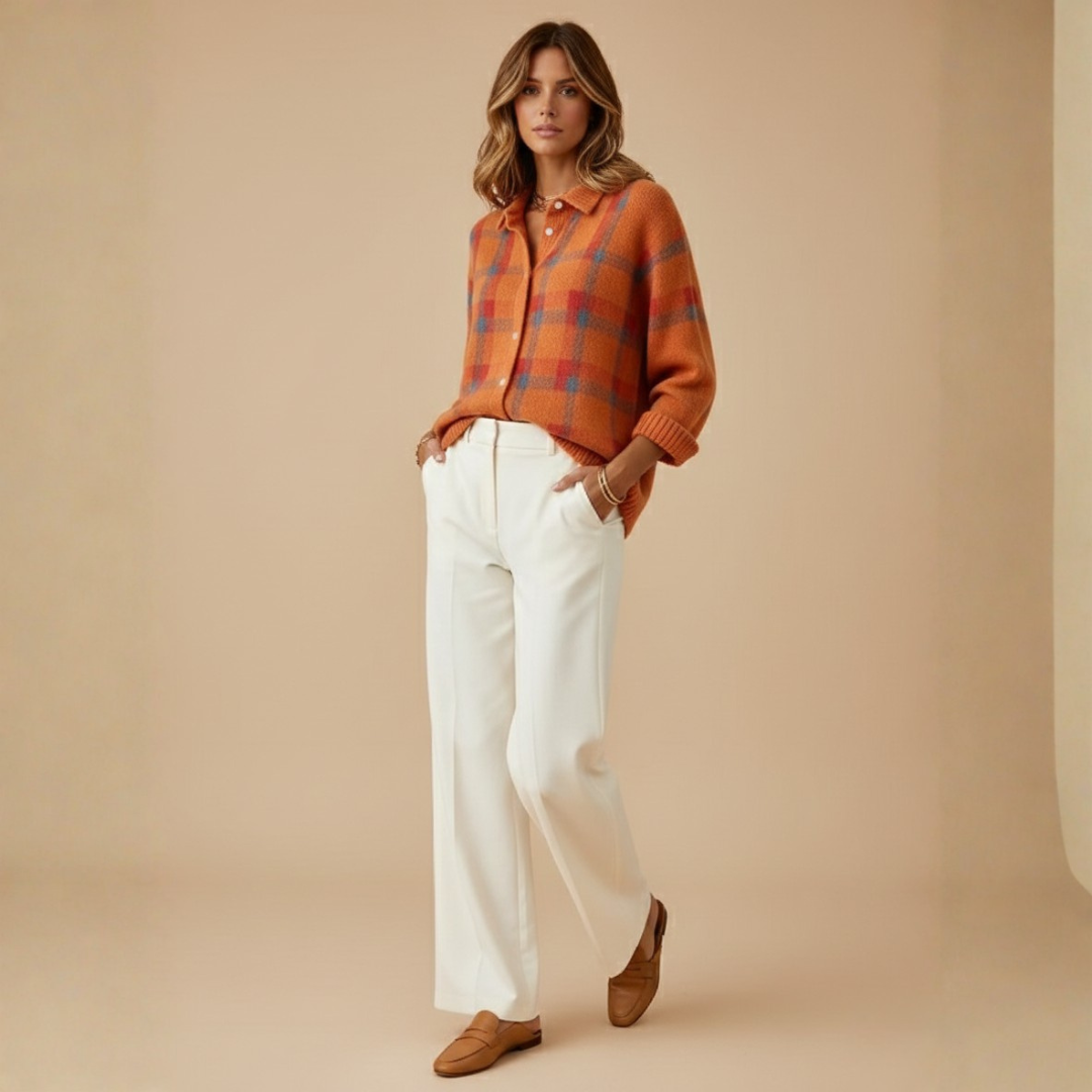 Amy - Ležérní kostkovaný pletený svetr na knoflíky